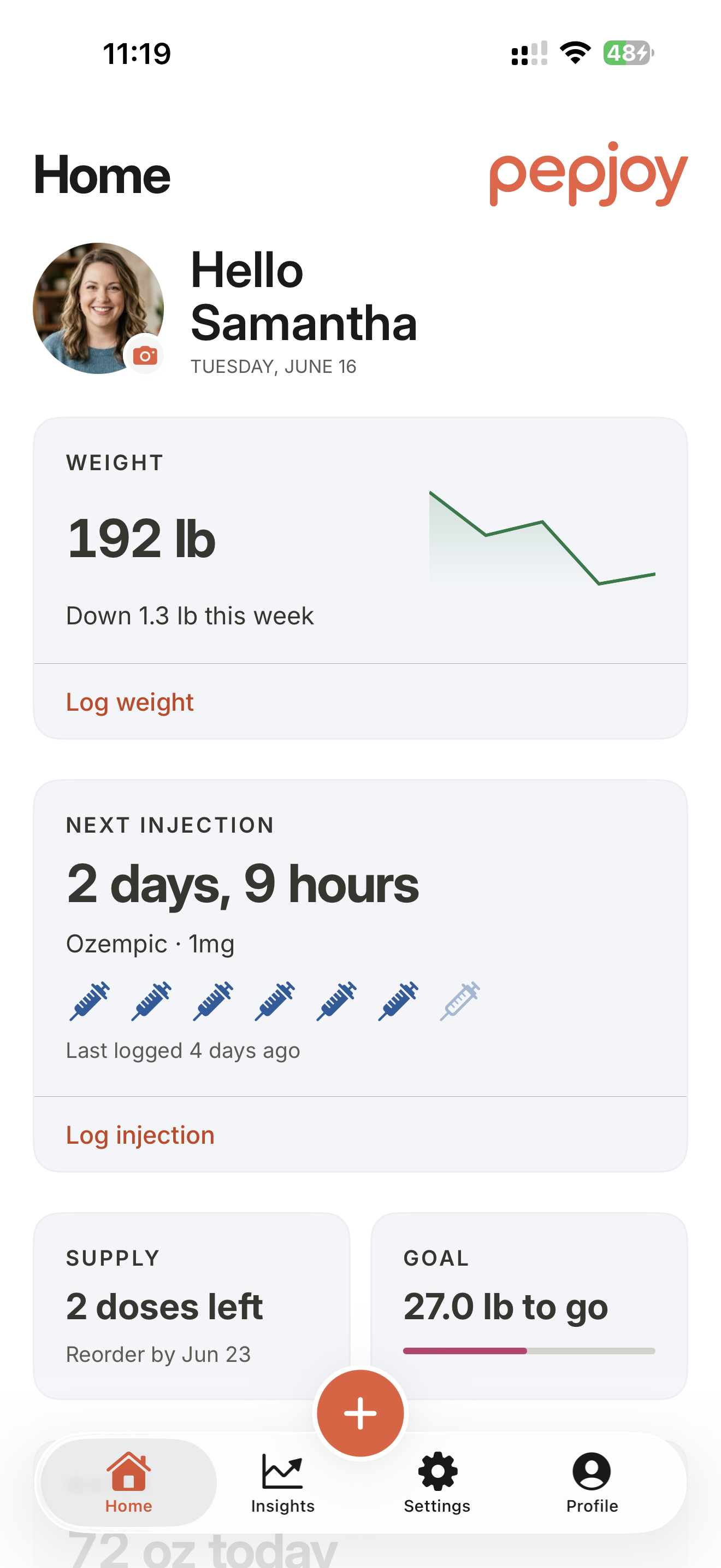 The Pepjoy home screen, ready to track a Ozempic journey.